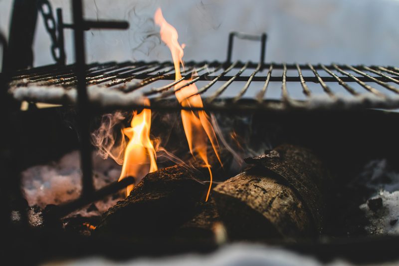 A small fire pit burning logs in a garden