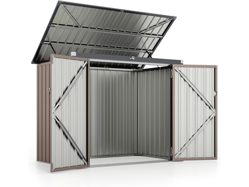 A metal garden storage box with a lifting lid and two front doors, standing open