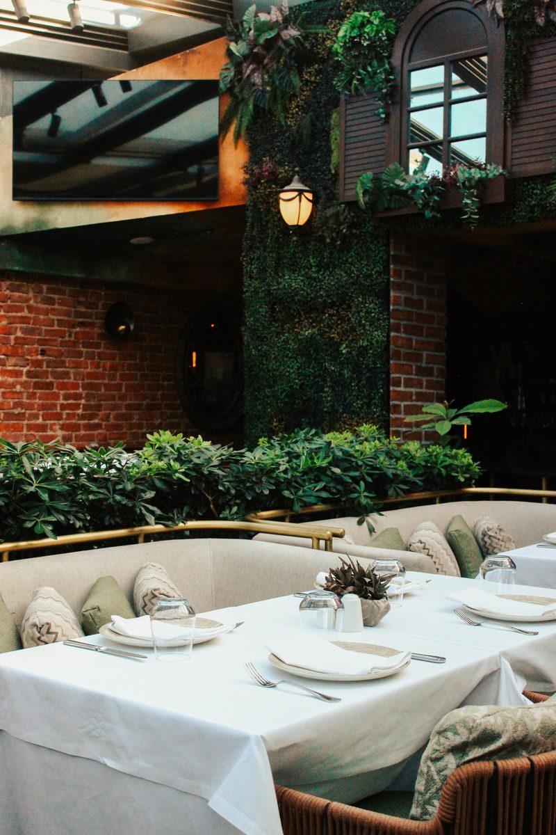 An outdoor table laid for a meal