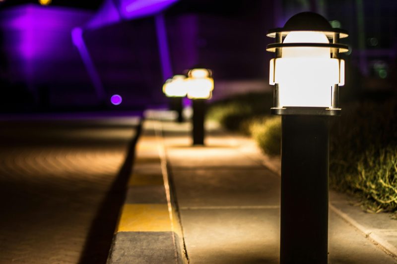 Garden lights along a path at night