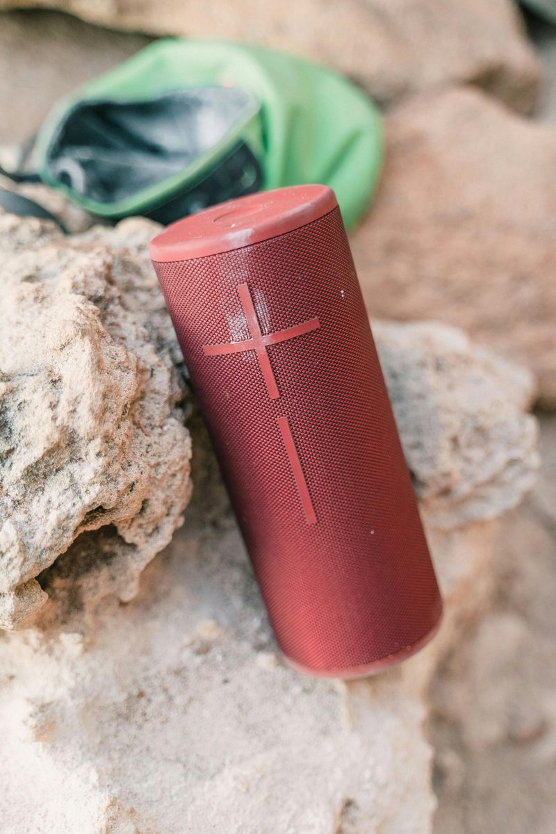 A portable Bluetooth speaker outdoors