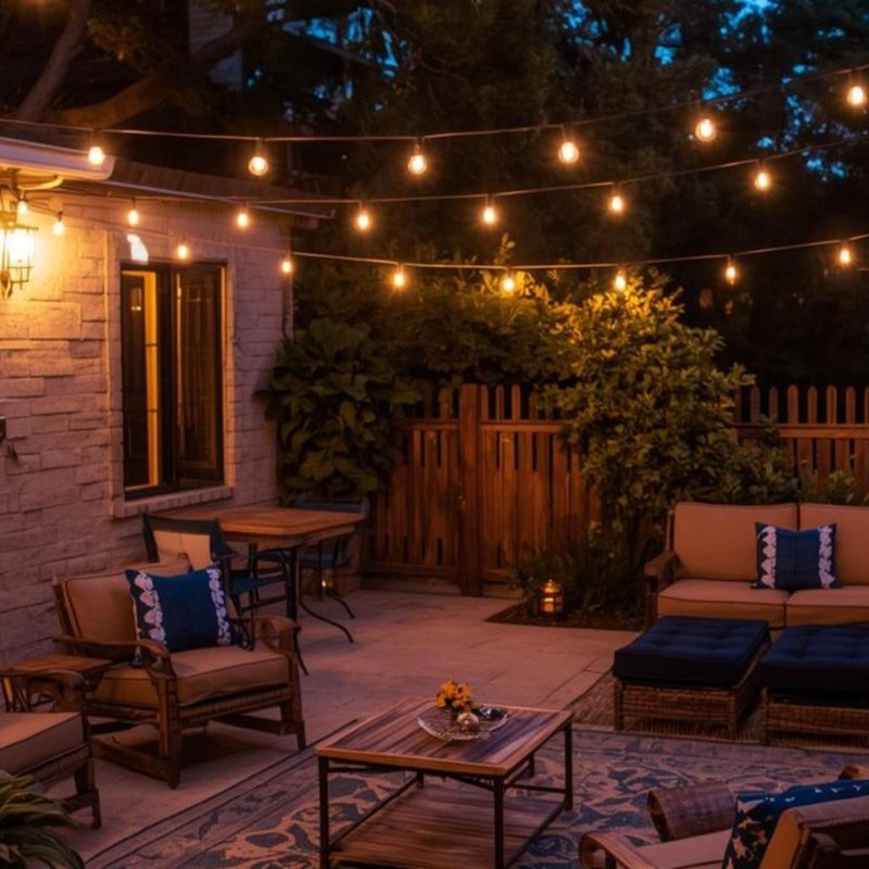 Warm white string lights hung over a patio at dusk