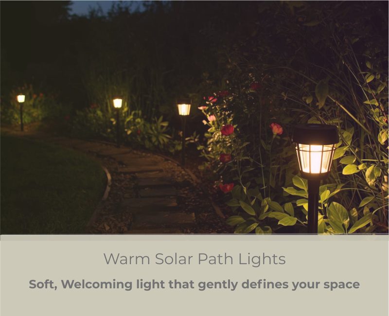 Warm solar path lights lining a garden path beside planting