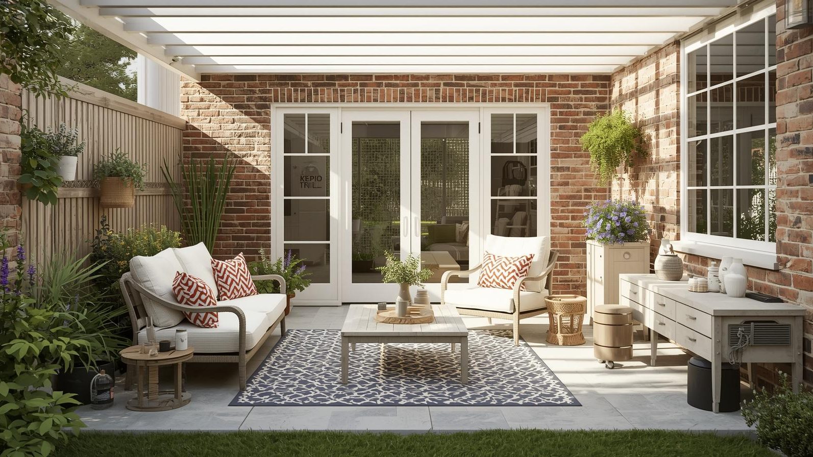 A tidy small patio with seating, a rug and concealed storage against the wall