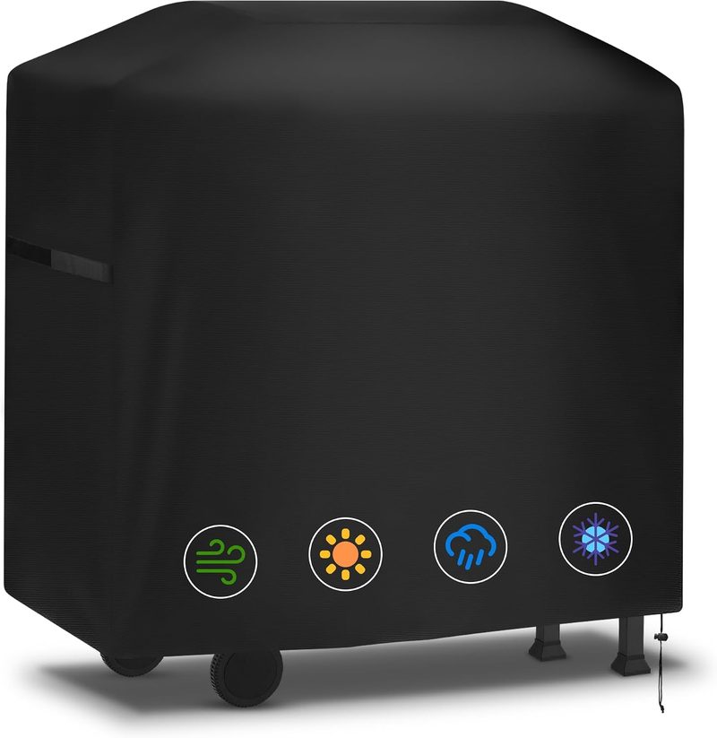 A black waterproof cover fitted over a wheeled gas barbecue