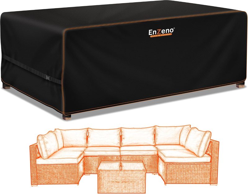 A black waterproof cover fitted over a rattan corner sofa set