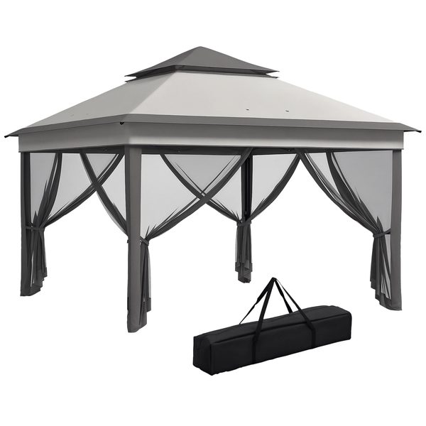 A grey pop-up gazebo with a carry bag