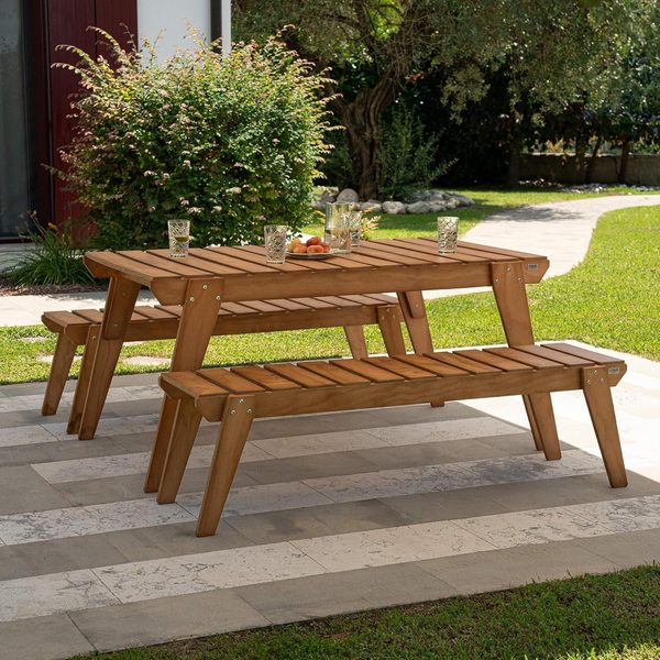 A wooden garden picnic bench and table set