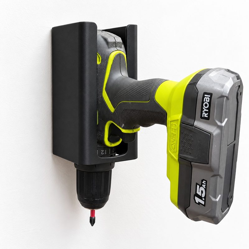 A black wall-mounted drill holder screwed to a wall, holding a cordless drill with the chuck poking through the bottom