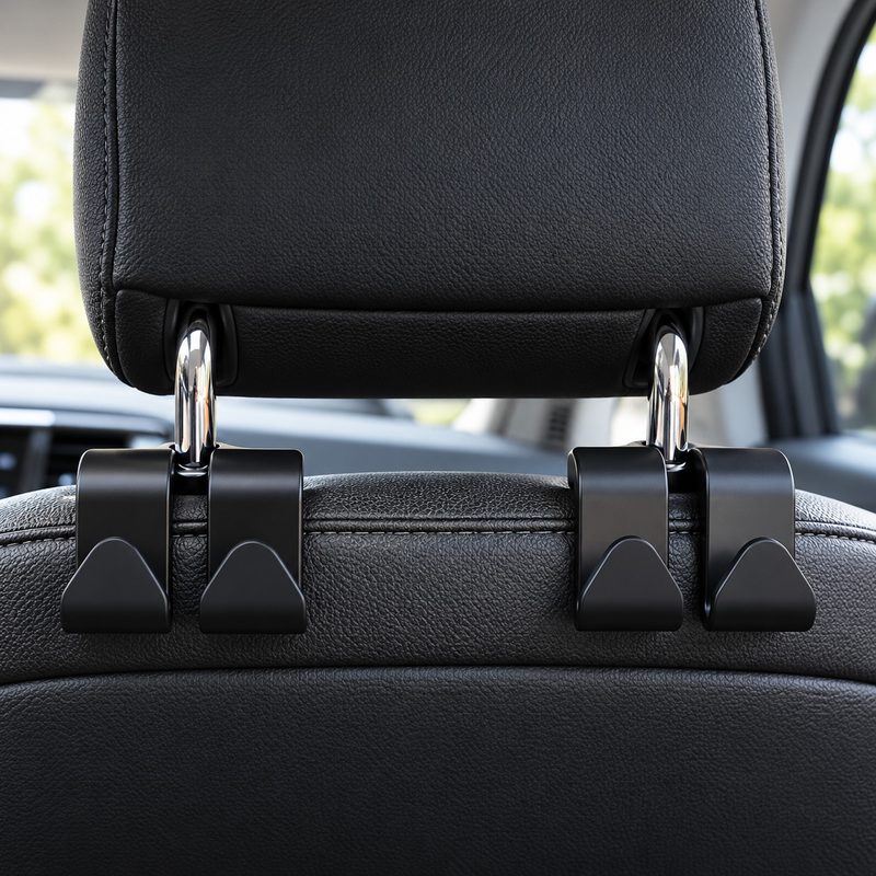 Four black hooks clipped onto the metal posts of a seat headrest