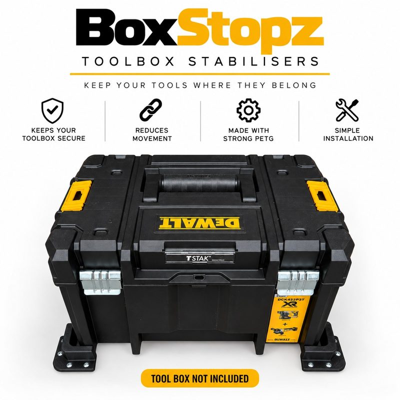 A stacking toolbox held at each corner by four low black BoxStopz brackets screwed to the floor