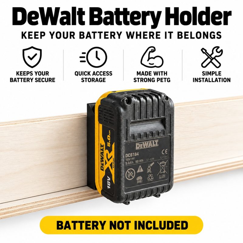 A DeWalt battery clipped onto a black wall-mounted holder on a timber batten