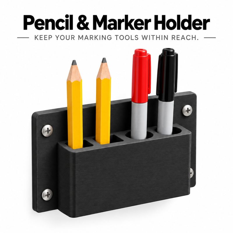 Two carpenter pencils and two markers standing in a black 4-slot wall holder