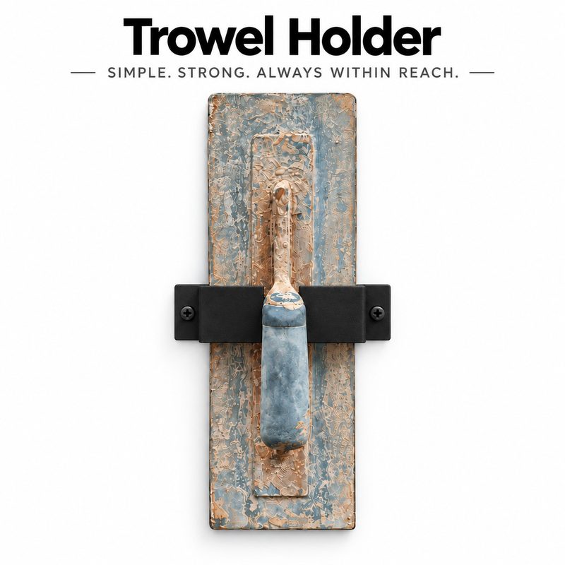 A plastering trowel held flat to a wall by a black bracket around its handle neck