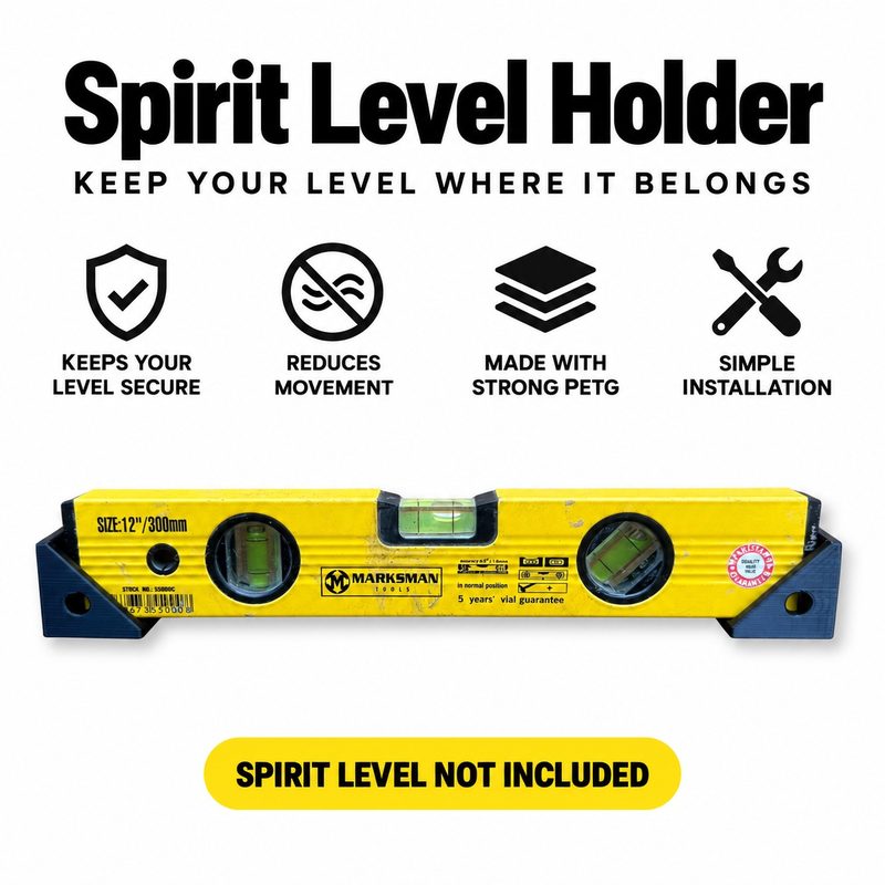 A yellow spirit level resting in a pair of black wall brackets