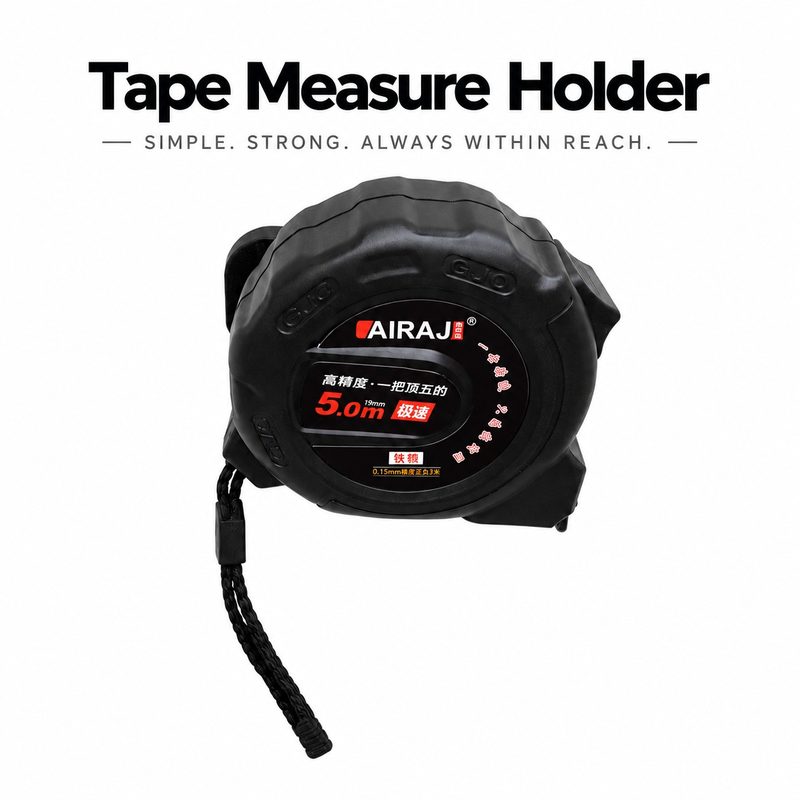 A tape measure hanging by its belt clip from a slim black wall bracket
