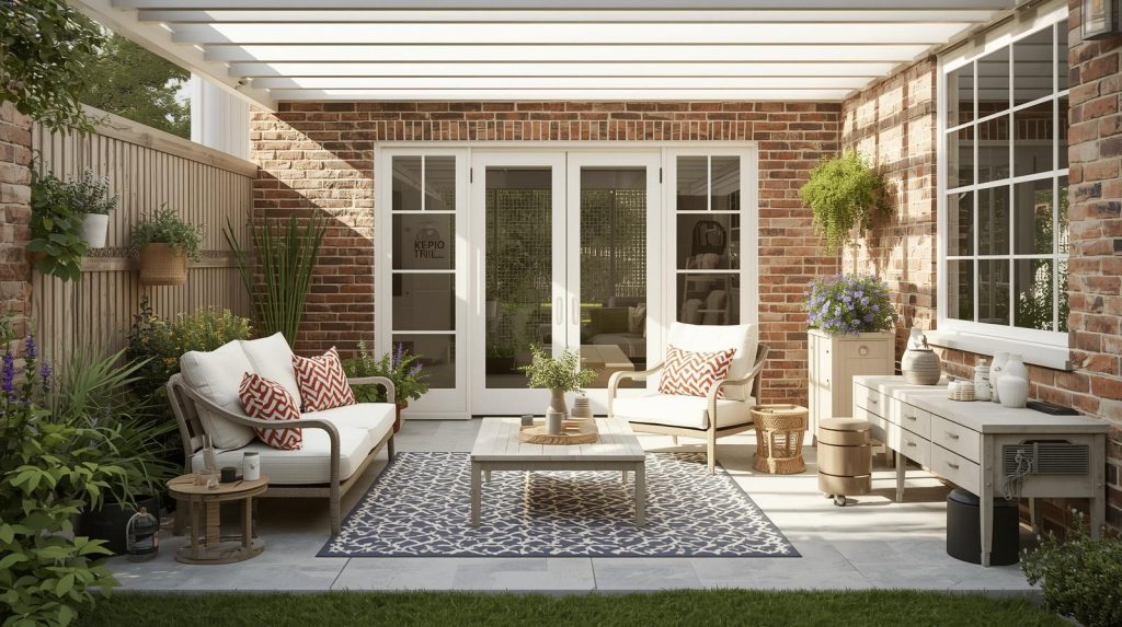 tidy small garden patio with seating and storage